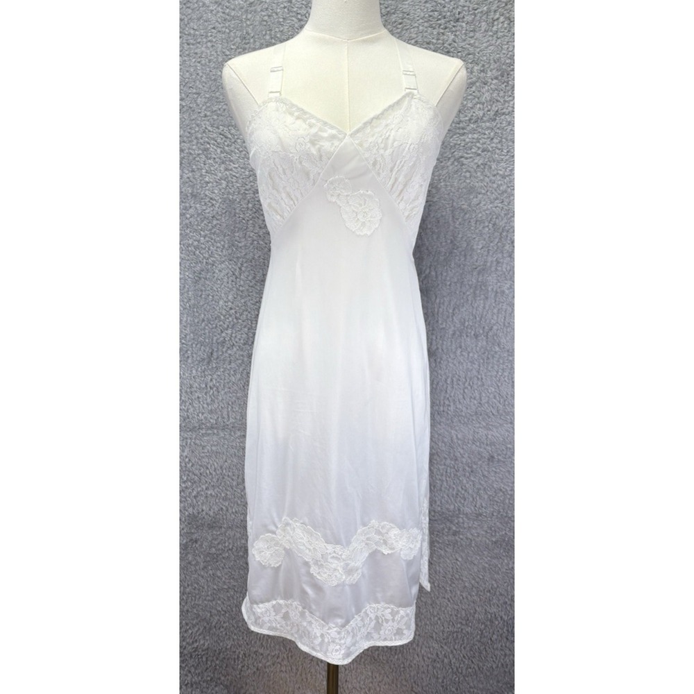 Vintage Nan Flower Womens White Satin Nightgown Embroidered V Neck XS